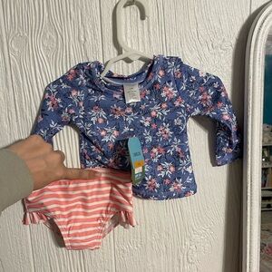 NEW 3-6 month Baby Floral Rash Guard and Pink Stripe Swimsuit 2 piece
